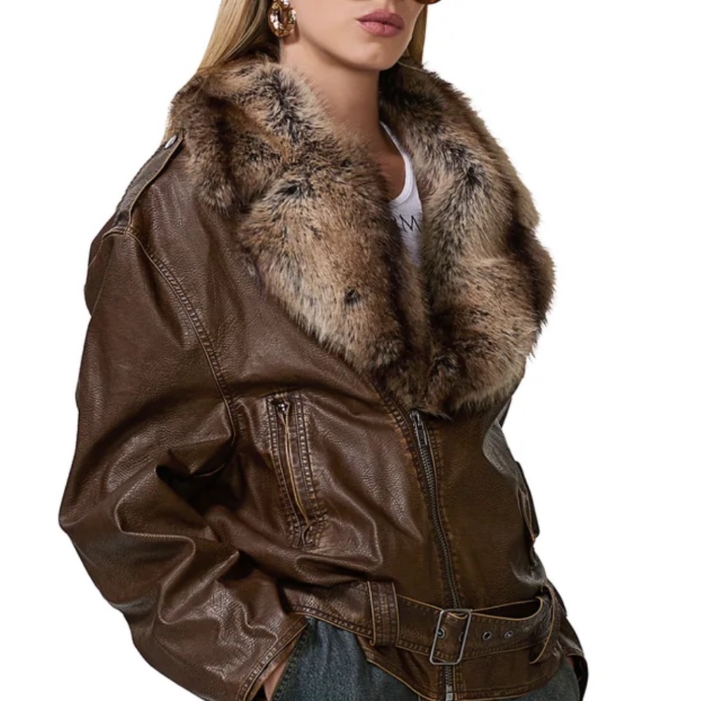 AFRM Brown Leather Jacket with Fur Collar